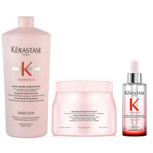 Pachet cu Efect Fortifiant – Kerastase Genesis: Sampon Anti-Cadere 1000 ml, Masca Fortifianta 500 ml, Ser Fortifiant, 90 ml