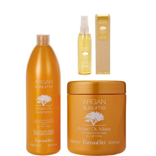 Pachet cu Ulei de Argan – FarmaVita Argan Sublime Argan Oil: Sampon 1000 ml, Masca 1000 ml, Elixir 100 ml