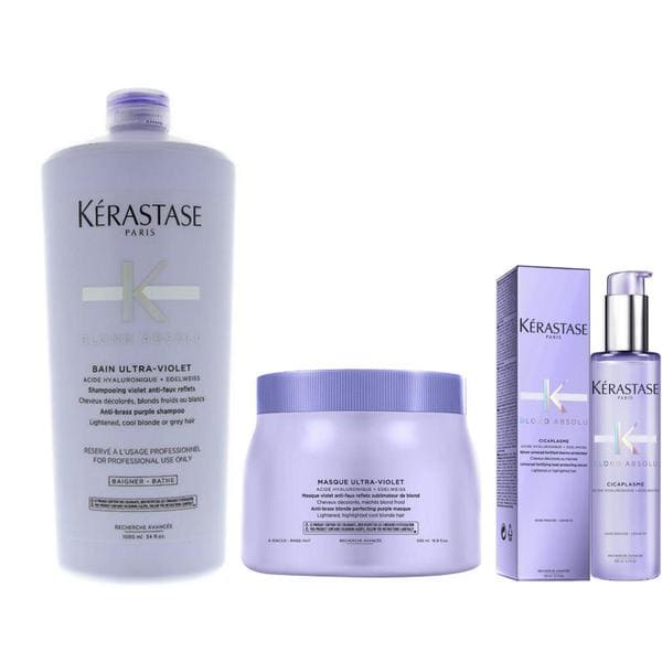 Pachet pentru Par Blond – Kerastase Blond Absolu: Sampon Violet 1000 ml, Masca 500 ml, Ser 150 ml