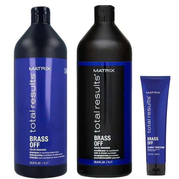 Pachet pentru Par Blond – Matrix Total Results Brass Off Blonde: Sampon Neutralizator 1000 ml, Balsam Neutralizator 1000 ml, Crema 150 ml