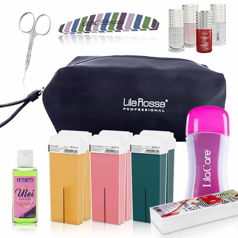 Kit epilare LilaCare cu ceara roll-on 2 buc miere, 2 buc titanio pink, 2 buc aloe vera , 1 x incalzitor ceara pink, 1 x ulei dupa epilare, 1 x set 50 benzi epilare, accesorii