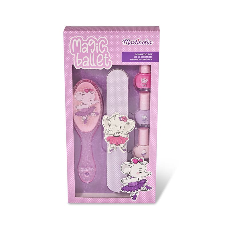 Machiaj pentru copii, MARTINELIA MAGIC BALLET COSMETIC SET, cosmetice copii, pentru fetite, 3 lacuri de unghii solubile in apa, 1 pila de unghii, 1 perie de par