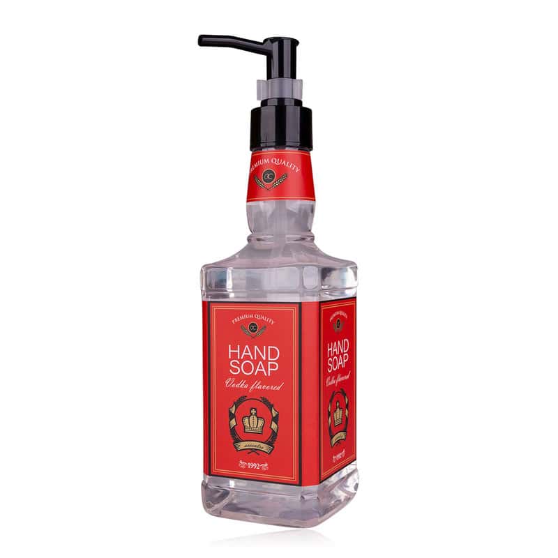 Sapun, 480ml hand soap VODKA FLAVOR in vodka bottle, fragrance: Vodka, col. red/transparent, PU 6/24, set cadou craciun